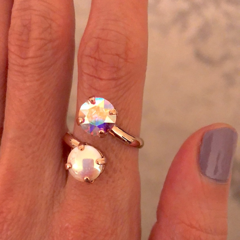 Aurora Borealis + Iridescent White Pearl Rose Gold Crystal Ring